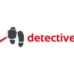 Detective Logo – Shoe Prints With Magnifying Glass in Grey with Red Text